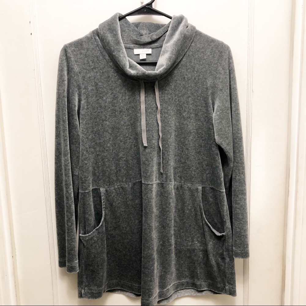 Pure Jill Gray Velour Velvet Tie Cowl-Neck Tunic W/Pockets